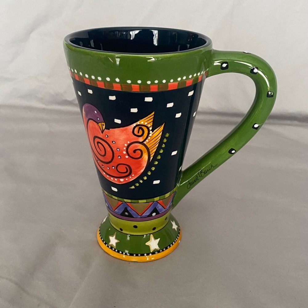Bella Casa By Ganz Ceramic Mug Tall Folk Art Bird‎ Design Green Handle
